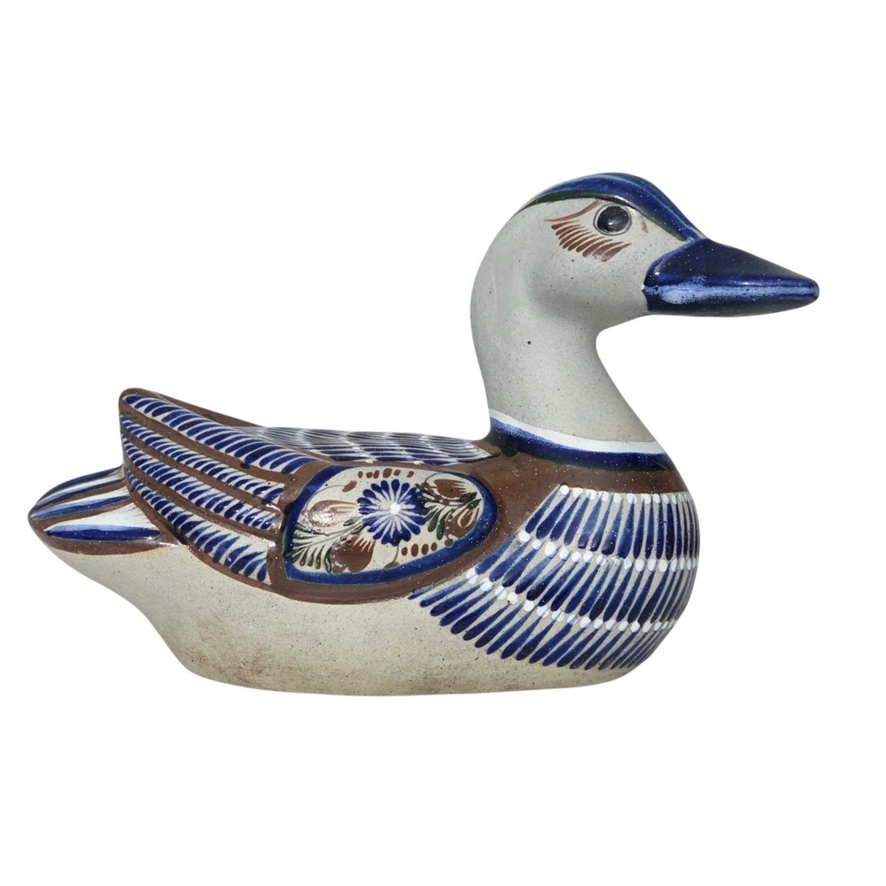 Vintage Tonala Mexico Pottery Duck Figurine Hand Painted Blue Signed Folk Art